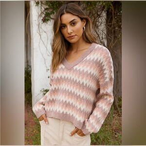 POL Blush and Cream Zigzag V-Neck Sweater